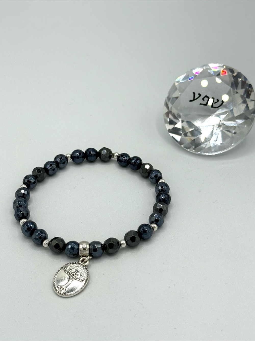 Hematite Beaded Bracelet with Tree Charm - Black/Gray